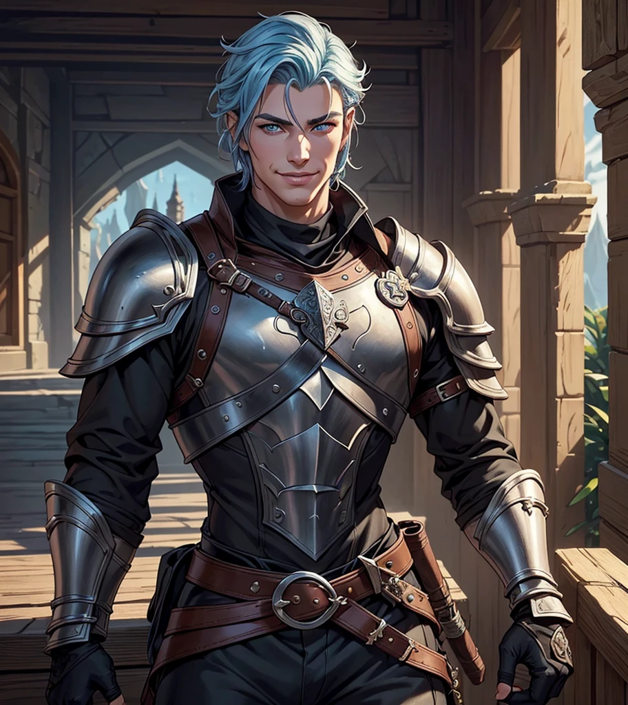 (((Solo character image.))) (((Generate a single character image.)))Looks like a cute male mercenary for Dungeons & Dragons.  Looks like a very cute male warrior in a medieval fantasy setting.  (((Looks like cute male model Lucky Blue Smith.))) Looks like a Lothario in a medieval fantasy setting.  Looks like a sexy and mischievous male adventurer for Dungeons & Dragons.  Looks like a very sexy hot, cute guy in a medieval fantasy setting.  Looks like a Dungeons & Dragons adventurer, (((exotic, sexy hair style))), (((very cute guy))), (((very cute smile))), (((leather armor))), (((black clothing))), cute, (((very kissable lips))), adventurer, pretty eyes, (((sexy eyes))), athletic build, (((excellent physique))), sexy, confident, (((gorgeous face))), gorgeous body, sexy eyes, detailed and intricate, fantasy setting, game of thrones, fantasy art, dungeons & dragons, pathfinder, warcraft, skyrim, fantasy adventurer, fantasy NPC, (((attractive male in his mid 20's))), Art style by Amanda Conner, Dragons character portrait, intricate details, ultra detailed,  ultra detailed clothes, epic masterpiece, ultra detailed, intricate details, hyperdetailed hands trending on Artstation, digital art, unreal engine, 8k, ultra HD, centered image
 best quality:1.0,hyperealistic:1.0,photorealistic:1.0,madly detailed CG unity 8k wallpaper:1.0,masterpiece:1.3,madly detailed photo:1.2, hyper-realistic lifelike texture:1.4, picture-perfect:1.0,8k, HQ,best quality:1.0
 best quality:1.0,hyperealistic:1.0,photorealistic:1.0,madly detailed CG unity 8k wallpaper:1.0,masterpiece:1.3,madly detailed photo:1.2, hyper-realistic lifelike texture:1.4, picture-perfect:1.0,8k, HQ,best quality:1.0