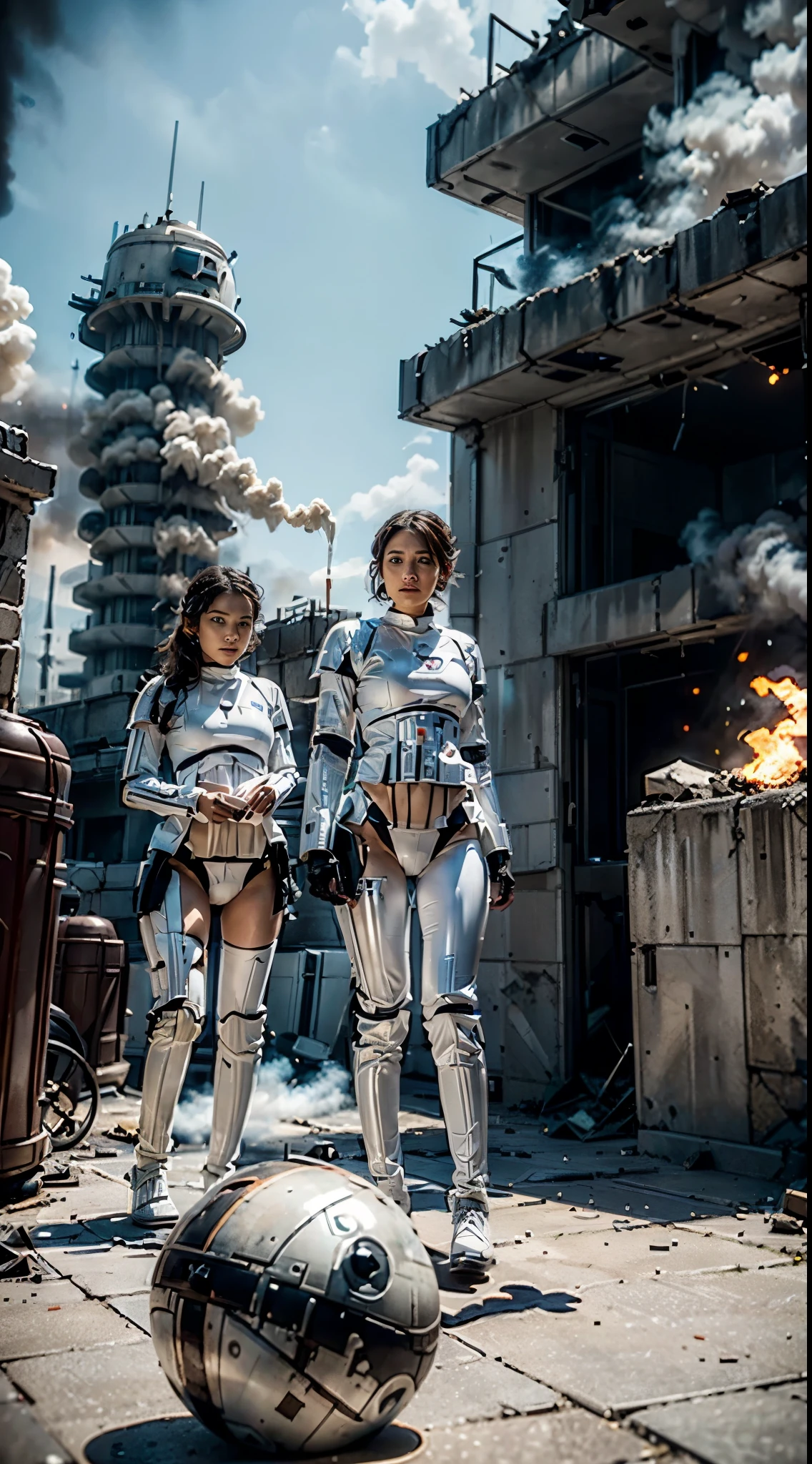 Three Imperial Stormtroopers from Star Wars, after a battle, watch their spaceship burn down. in the background, ruined buildings are smoking, sunlight breaks through the smoke