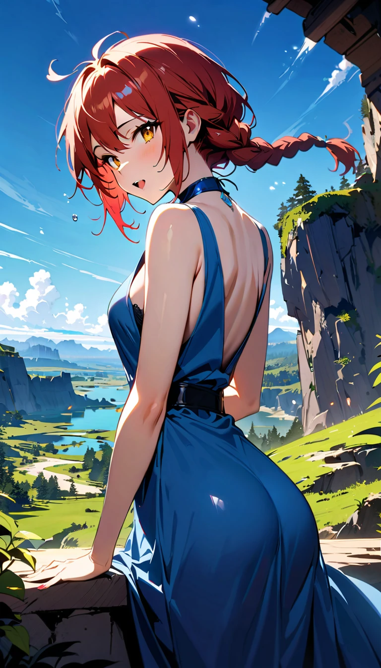 (highest quality:1.2), Very detailed, Vibrant, digital coloring, High Contrast, (masterpiece:1.2), highest quality, Best aesthetics, 1 female, red Hair, (long single braid:1.5), (messy hair:0.8), lemon yellow eyes, (((Blue Dress:1.2))), backless dress, (fantasy landscape:1.4), Bright lighting, Beautiful world, New World, Blown by the gentle wind, (hot gaze, Hot, Glossy, Open Mouth, Leaking sigh), Accurate, Textured skin, Cowboy Shot, seductive smile, The beauty and danger of growing from a girl to an adult, A symbol of miraculous beauty