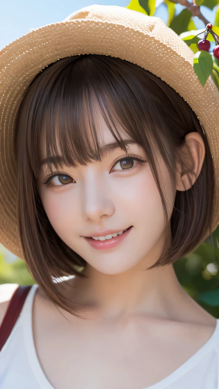 closeup shot , Best picture quality (8K, high resolution, Masterpiece: 1.2), super detailed,  215 Short Hair, -yeld wo, 

situation: In the shade of the orchard、A scene of customers tasting freshly picked cherries on the spot。
clothing: Casual summer clothes、sunglasses、hat。
angle:
Close-up: The moment when the customer puts the cherry in their mouth、A detailed depiction of a person enjoying cherries。
Detailed depiction: The coolness of the shade、With the surrounding orchards as a backdrop、Emphasizing relaxation time in nature。


, Close-up of face 

, random cute pose ,big eyes ,Puffy eyes ,  Heart Pupil, blush  , huge shy smile , salute

