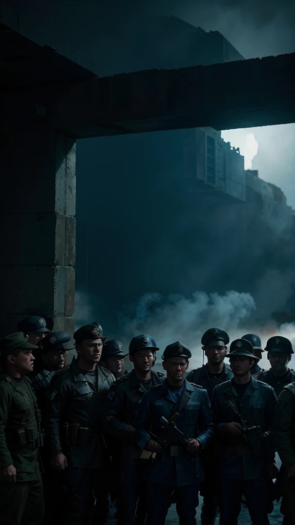 Captain Clark's small unit of 20 men held off the enemy forces for hours at the war front, but they were vastly outnumbered, 4k realistic imagery, blue scenery like a movie scene, old american setting, inspired by blade runner movie scene, blue tone,