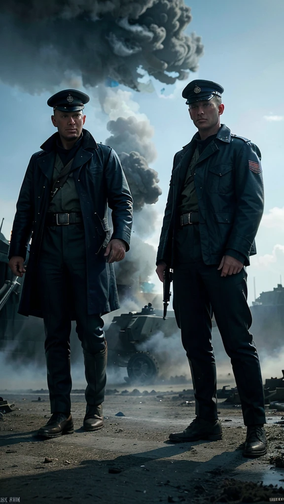 Captain Clark's small unit of 20 men held off the enemy forces for hours at the war front, but they were vastly outnumbered, 4k realistic imagery, blue scenery like a movie scene, old american setting, inspired by blade runner movie scene, blue tone,