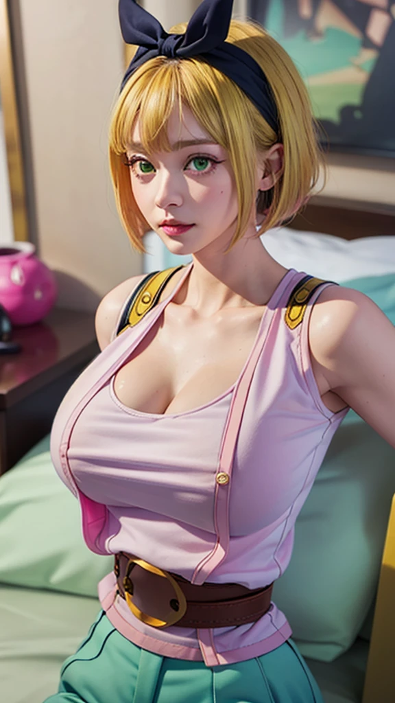 Top quality, 8k, 32k, Masterpiece, photorealistic, realistic, (photorealistic:1,4), solo, slight smile, dramatic lighting, professional makeup, breasts, (natural big breasts: 1.3), (seductive), beautiful white face shining, beautiful face, pink cheeks, beautiful lips, porcelain skin, detail intricate, super detailed, super high, highest detailed, high detailed, delicate, incredible detailed, fine detailed, cinematic lighting, top quality, smooth and beautiful, CG, unity, 8k wallpaper, Stunning, fine detail, unity CG wallpaper 8k ultra-detailed, large file size, ultra-detailed, high resolution, incredible detail, stunning detail, depth of field, masterpiece, best quality, (uniform:1.5), without sleeves, upper body, lying in bed, belt, Shushu Suruga, shorts, 1girl, yellow hair, green eyes, looking at viewer, short hair, medium breast, hairband, bangs