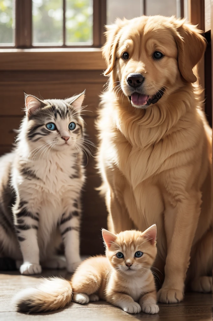 A Golden Retriever next to a kitten