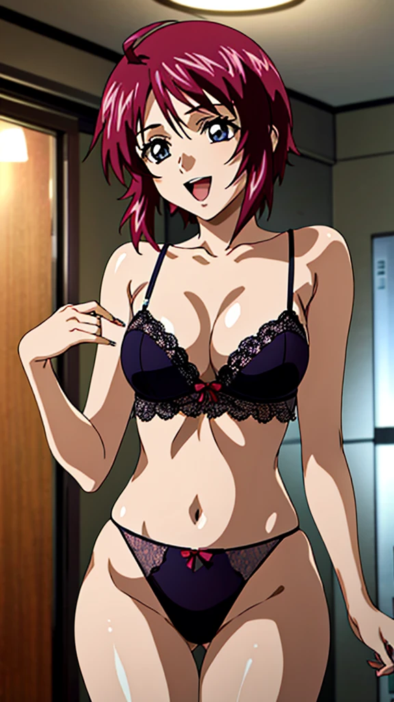 (masterpiece, 4K, Highest quality, anime style: 1.9, Detailed face, Lovely, bold, High resolution, anime, alone, Curvaceous, Thighs, Cleavage, Center of chest, Very slim belly, Cowboy Shot, short hair, Ahoge, Redhead, Purple eyes, Purple Hair,1 Girl、smile,Open your mouth wide,Sexy Lingerie.indoor,Love Hotel
