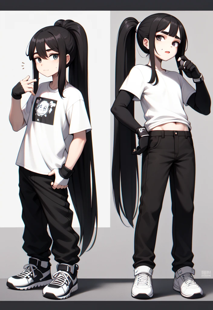 The character has long black hair, tied in two ponytails. There is a patch on the face. He is wearing a brown T-shirt with rolled up sleeves, black pants and black and white sneakers. He is wearing white fingerless gloves on his hands..
