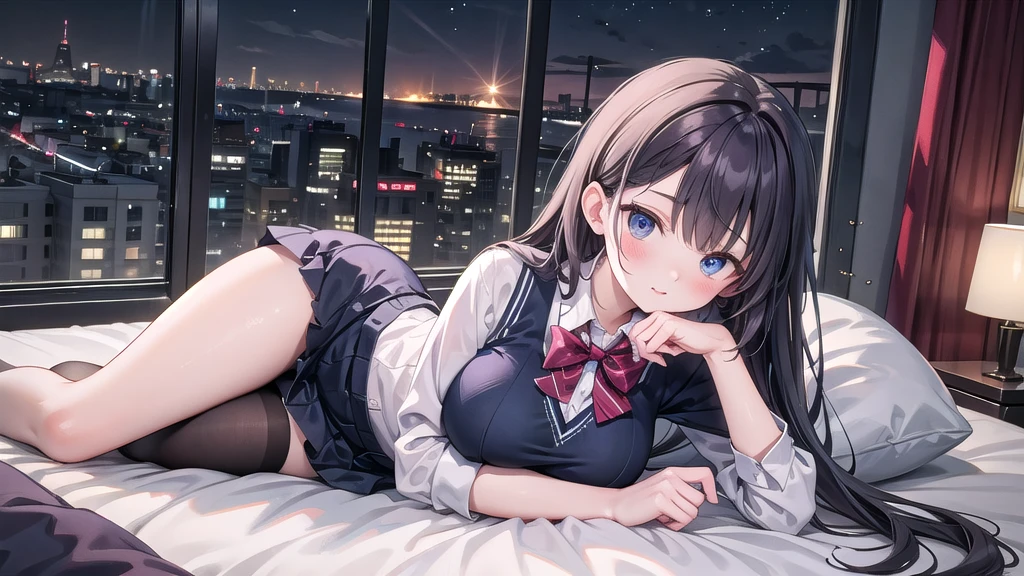 Highest quality(8k)masterpiece、Time is midnight(2.0)Lying on a bed by the window, holding a cute Calico cat(2.0)、Clothing is high school uniform(1.8)The night view can be seen from the window(1.8)、A room in a high-rise apartment with very large windows(1.8)It's dim in the room.(1.8)、猫はSuper detailed、Fluffy, with each individual hair visible(2.0)、One girl、A cat、Very cute、Best Style、Hairstyle(Twin tails(1.8))The room is a high school girl's room(1.8)、There are no curtains、17age、Firm and refreshing々Fresh skin。Plump legs、eye(Super detailed 1.8)Wearing makeup(2.0)、The cat's face does not collapse(1.8)猫のeyeは自然に。