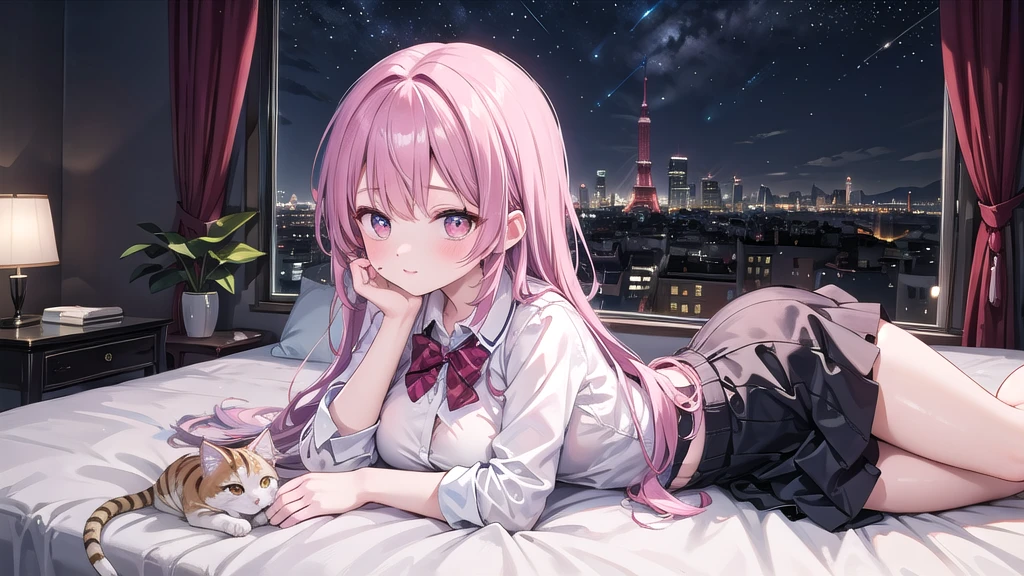 Highest quality(8k)masterpiece、Time is midnight(2.0)Lying on a bed by the window, holding a cute Calico cat(2.0)、Clothing is high school uniform(1.8)The night view can be seen from the window(1.8)、A room in a high-rise apartment with very large windows(1.8)It's dim in the room.(1.8)、猫はSuper detailed、Fluffy, with each individual hair visible(2.0)、One girl、A cat、Very cute、Best Style、Hairstyle(Twin tails(1.8))The room is a high school girl's room(1.8)、There are no curtains、17age、Firm and refreshing々Fresh skin。Plump legs、eye(Super detailed 1.8)Wearing makeup(2.0)、The cat's face does not collapse(1.8)猫のeyeは自然に。