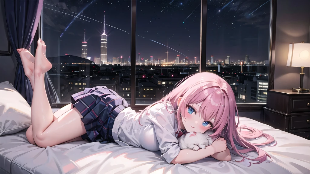 Highest quality(8k)masterpiece、Time is midnight(2.0)Lying on a bed by the window, holding a cute Calico cat(2.0)、Clothing is high school uniform(1.8)The night view can be seen from the window(1.8)、A room in a high-rise apartment with very large windows(1.8)It's dim in the room.(1.8)、猫はSuper detailed、Fluffy, with each individual hair visible(2.0)、One girl、A cat、Very cute、Best Style、Hairstyle(Twin tails(1.8))The room is a high school girl's room(1.8)、There are no curtains、17age、Firm and refreshing々Fresh skin。Plump legs、eye(Super detailed 1.8)Wearing makeup(2.0)、The cat's face does not collapse(1.8)猫のeyeは自然に。