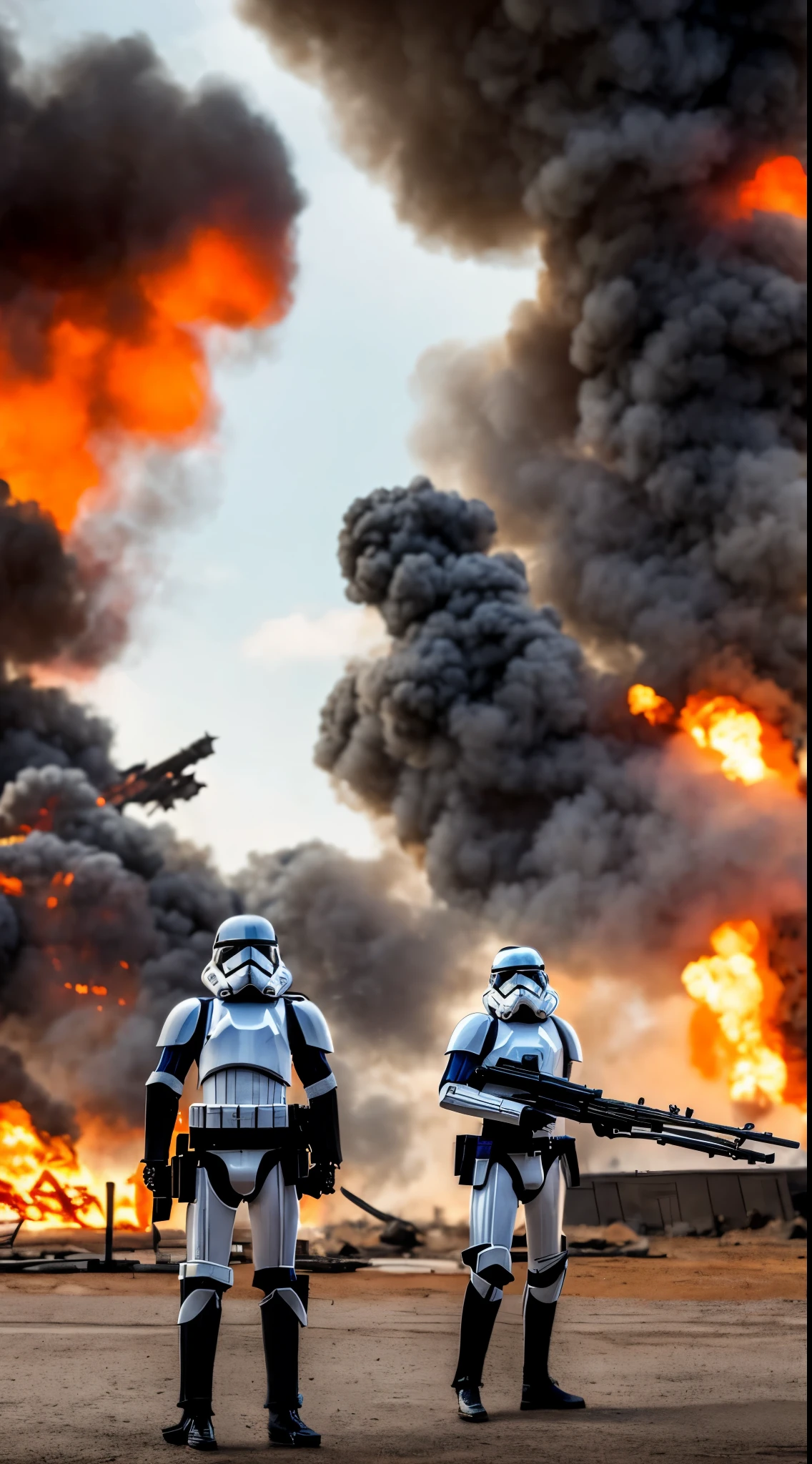 Three Imperial Stormtroopers from Star Wars, after a battle, watch their spaceship burn down. in the background, ruined buildings are smoking, sunlight breaks through the smoke