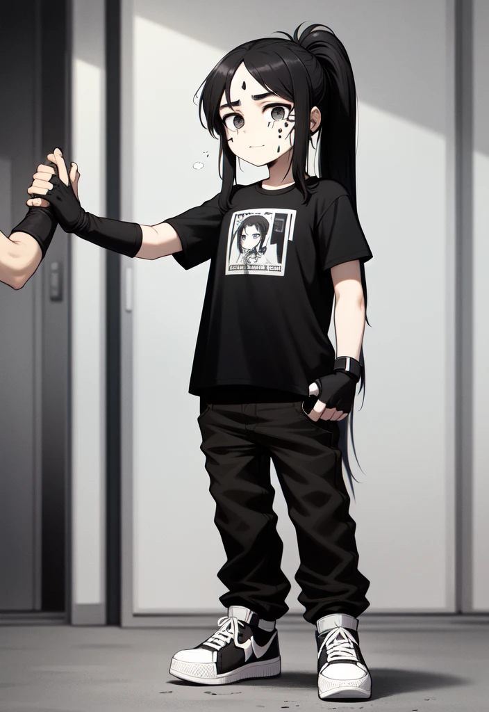 The character has long black hair, tied in two ponytails. There is a patch on the face. He is wearing a brown T-shirt with rolled up sleeves, black pants and black and white sneakers. He is wearing white fingerless gloves on his hands..