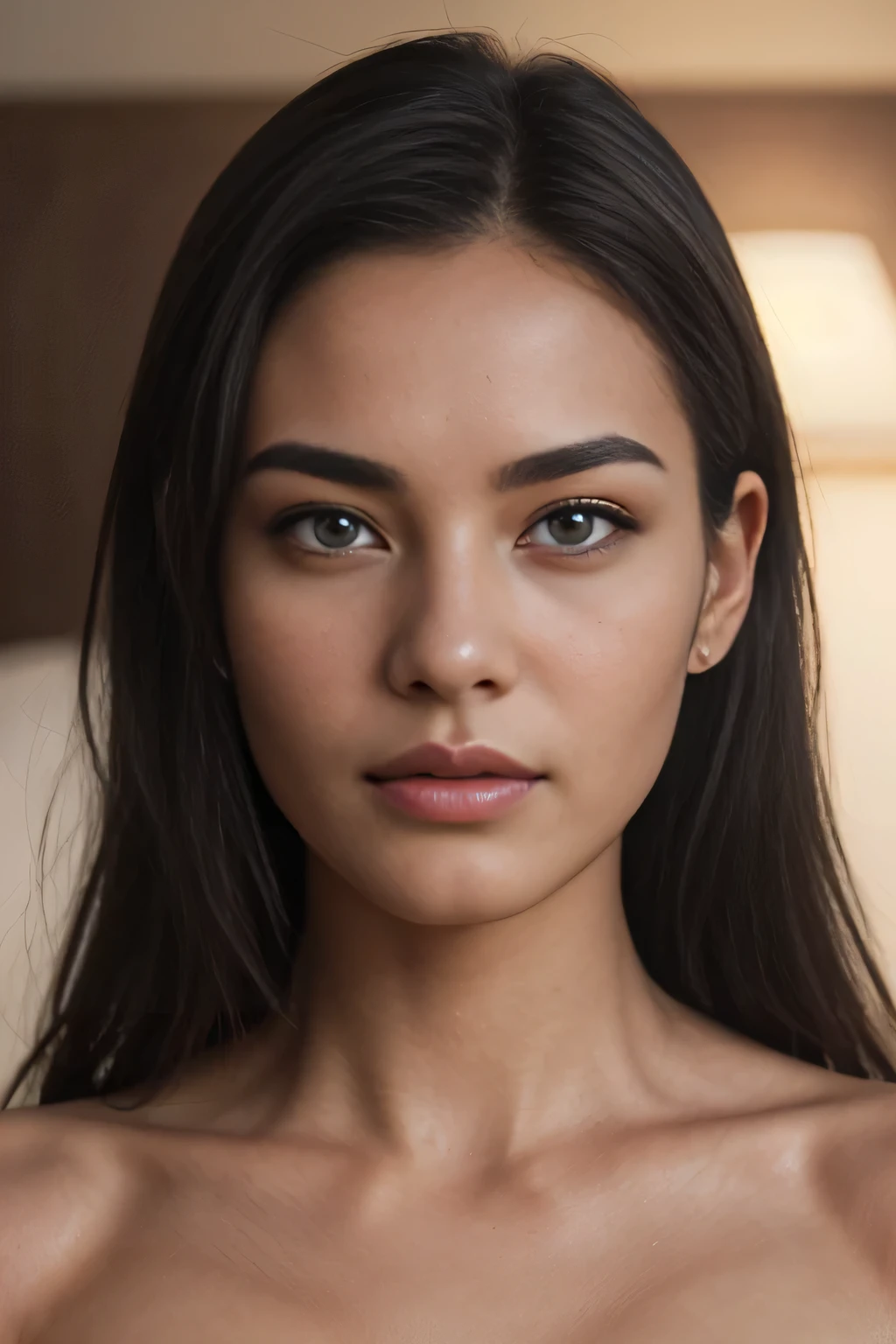 photo of a 25 years old, (chinese), ((((european)))), RAW, beautiful woman,((prominent cheeckbones)), (((thin pointy nose))), (long wavy black hair), (((supermodel face))), (dark blue eyes), (( perfect anatomy)), (busty), ((detailed face:1.2)), ((detailed facial features)), (finely detailed skin), pale skin, (((naked))), . (vivid colors), damp, moist, reflections, (masterpiece) (perfect proportion)(realistic photo)(best quality) (detailed) photographed on a Canon EOS R5, 50mm lens, F/2.8, HDR, (8k) (wallpaper) (cinematic lighting) (dramatic lighting) (sharp focus) (intricate) fashion, realistic skin texture, POV, Nikon d850, film stock photograph,4 Kodak Portra 400, camera f1.6 lens, rich colors, ultra-realistic, hyper-realistic, ultra-detailed, hyper-detailed, ((perfect face, perfect body), RAW photography, realistic skin texture, bedroom, ((POV, lying face up)) ,(((((matte skin)))))