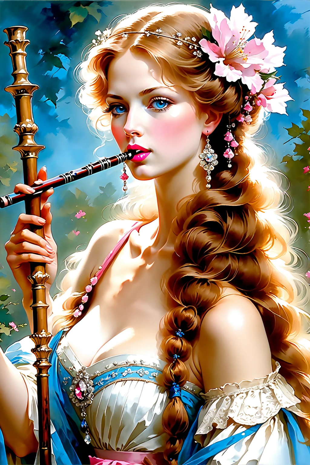 Victorian Hungarian women Women of the 14th century playing an Flute, Hazel hair, Pink lips, Nice feature, Wadim Kashin, james gurney, ink, Splash Art", Amazing beauty , Royo, after sexing, Super detailed splash art modern European oil ink painting, Mid Gorgeous Breasts, Gorgeous Body, oil painting, Light Diamond Blue eyes, Blush, Greg Rutowski, (no NSFW image).