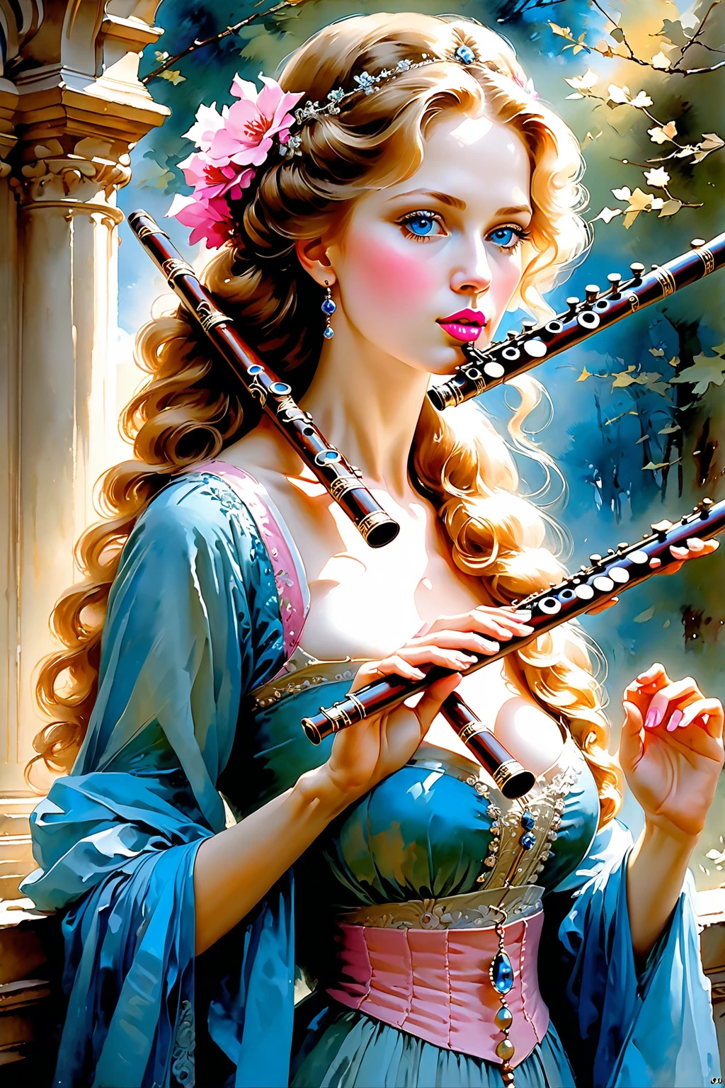 Victorian Hungarian women Women of the 14th century playing an Flute, Hazel hair, Pink lips, Nice feature, Wadim Kashin, james gurney, ink, Splash Art", Amazing beauty , Royo, after sexing, Super detailed splash art modern European oil ink painting, Mid Gorgeous Breasts, Gorgeous Body, oil painting, Light Diamond Blue eyes, Blush, Greg Rutowski, (no NSFW image).