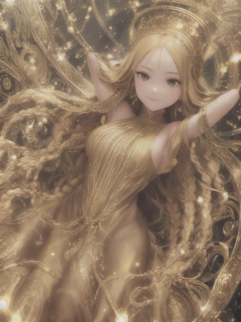 best quality, masterpiece, upper body,
(adult:1.6) hungarian woman, (smirk:0.4), arms behind head,
braided golden hair,
sparkling eyes,
victorian sundress,
floating light particles, centered,