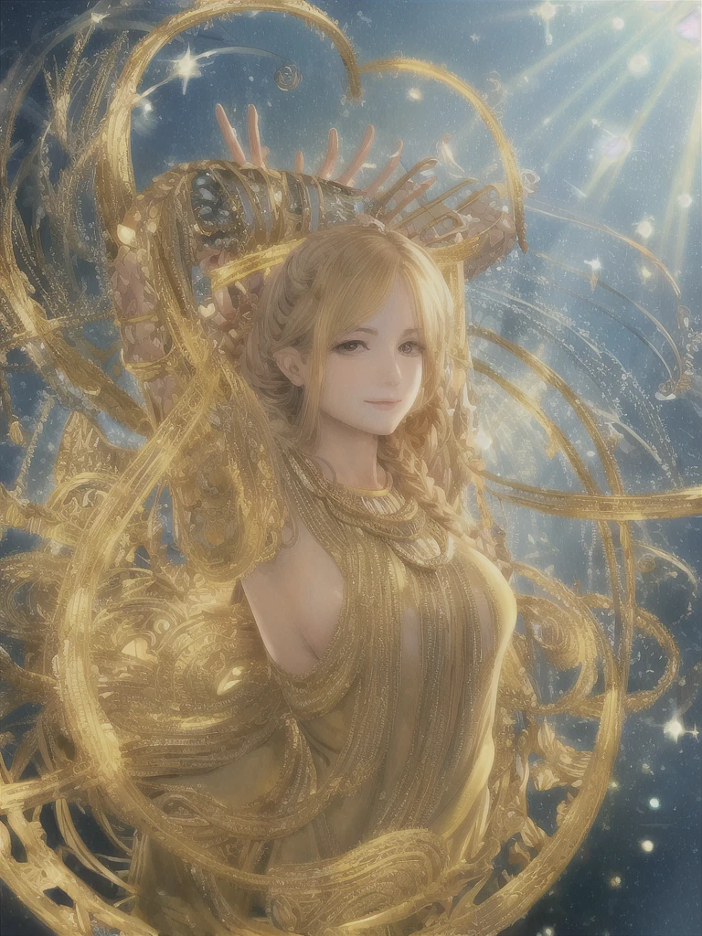 best quality, masterpiece, upper body,
(adult:1.6) hungarian woman, (smirk:0.4), arms behind head,
braided golden hair,
sparkling eyes,
victorian sundress,
floating light particles, centered,