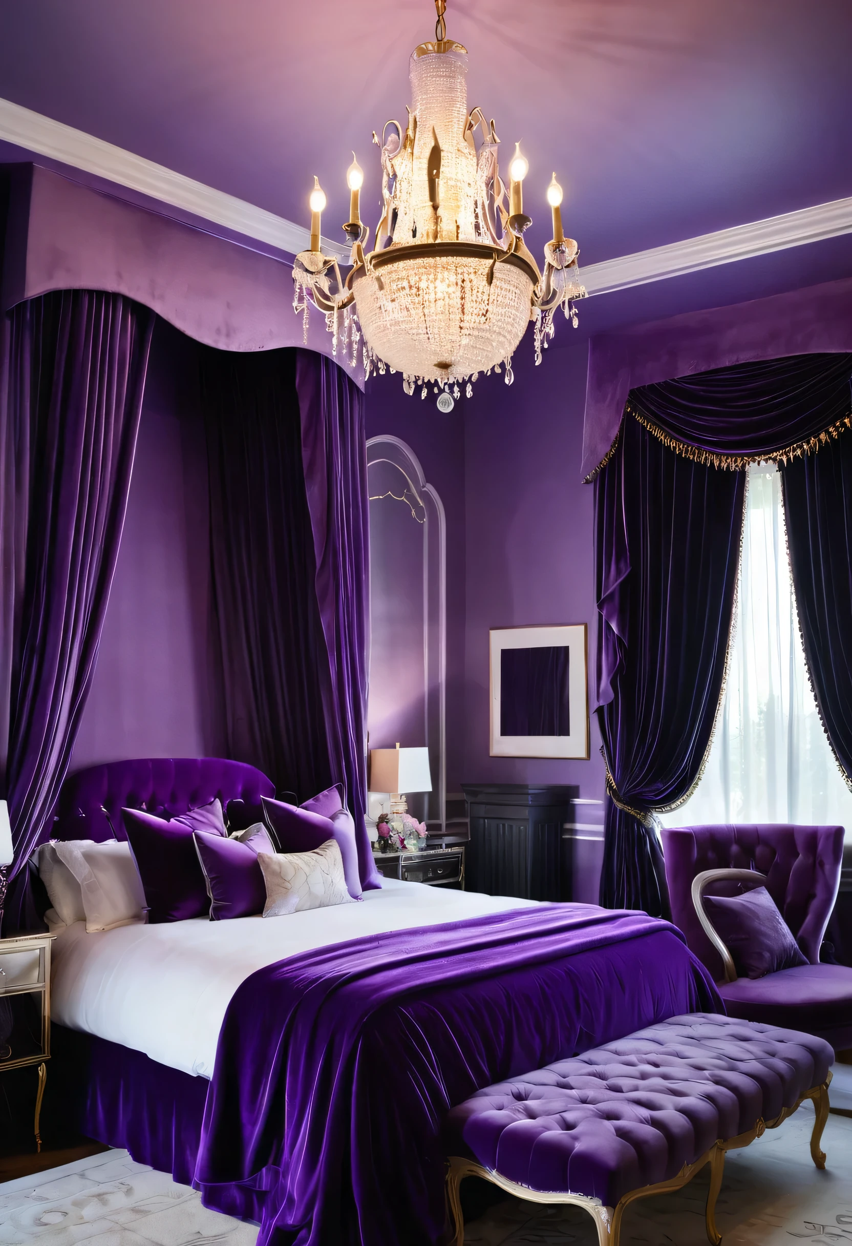 A luxurious bedroom, bathed in a sea of purple, exudes an air of romantic indulgence. The plush velvet bed, draped in flowing curtains, invites a peaceful retreat, while the shimmering chandelier casts a soft, ethereal glow upon the space.