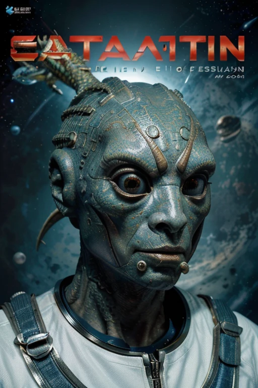Deluxe edition science fiction magazine cover, ((below an alien face of a humanoid with features of a lizard and fish, fish mouth, lizard nose, Dragon Eyes)), ((on the right side, an astronaut in spacesuits)) , (((left a face of a captain with a captain's hat wearing a white and blue uniform he is bearded, plump and chubby))), ((above centered a technological spaceship, in the background a universe and its galaxies)). Text Report on the right in the middle of the magazine cover, text describing something important in the lower left part of the magazine.
