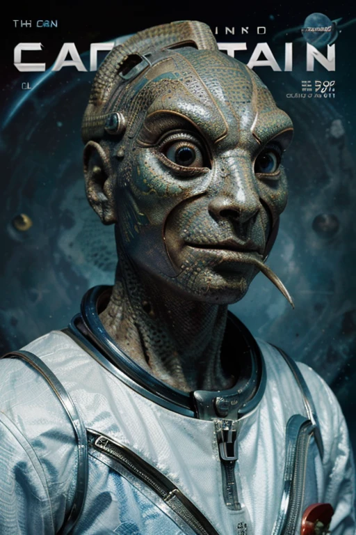 Deluxe edition science fiction magazine cover, ((below an alien face of a humanoid with features of a lizard and fish, fish mouth, lizard nose, Dragon Eyes)), ((on the right side, an astronaut in spacesuits)) , (((left a face of a captain with a captain's hat wearing a white and blue uniform he is bearded, plump and chubby))), ((above centered a technological spaceship, in the background a universe and its galaxies)). Text Report on the right in the middle of the magazine cover, text describing something important in the lower left part of the magazine.