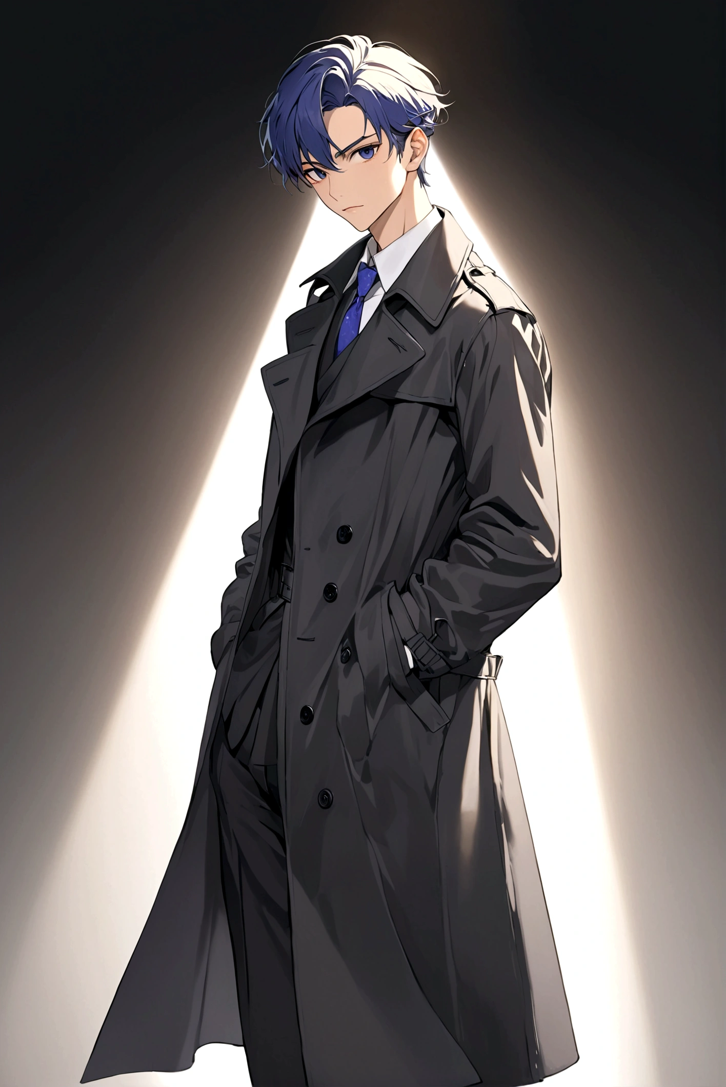 Hands in pockets,Exquisite facial features,Young male，Black trench coat