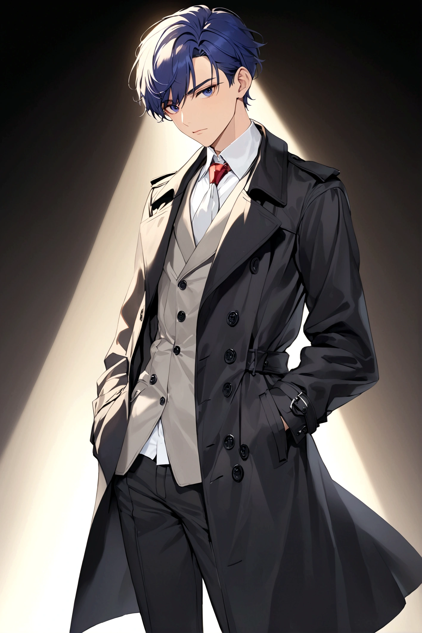 Hands in pockets,Exquisite facial features,Young male，Black trench coat