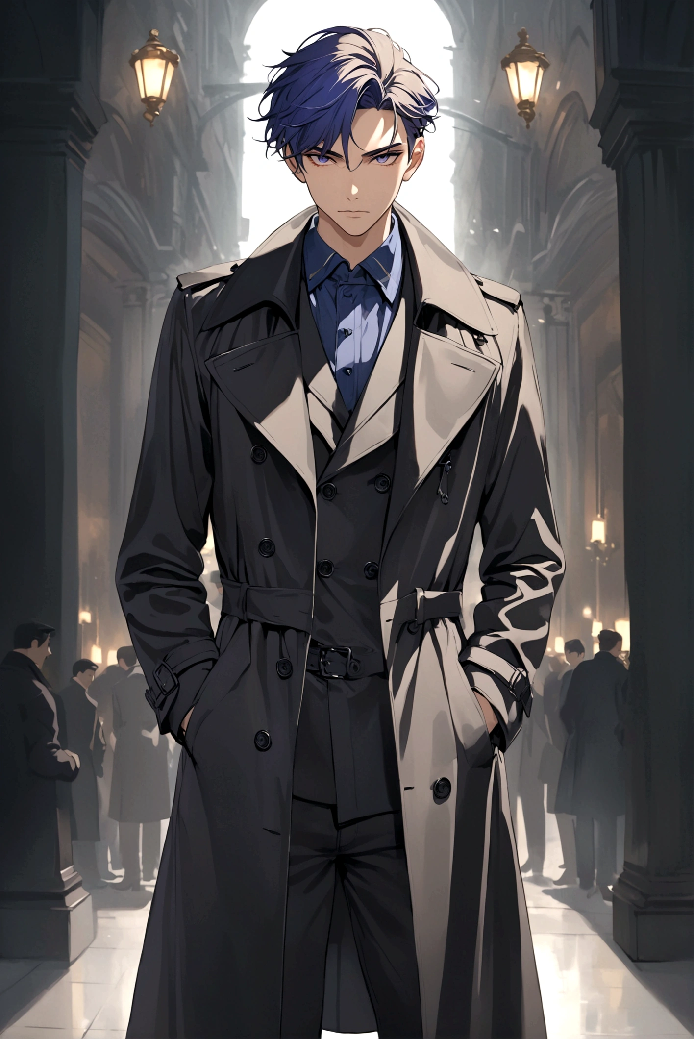 Hands in pockets,Exquisite facial features,Young male,Black trench coat