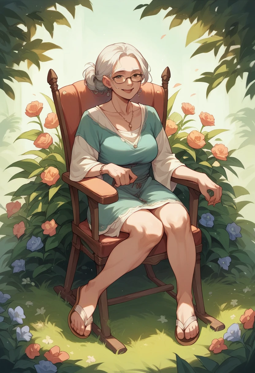 Old woman sitting in a rocking chair With the flowers in the old woman&#39;s lap and her eyes closed