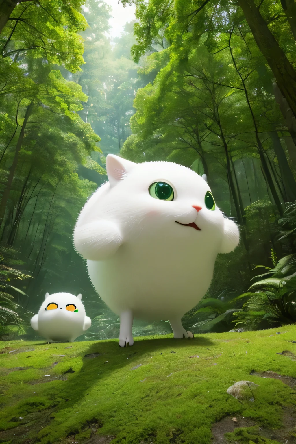 A white, round creature。Wearing green glasses。Have thin limbs。The eyes are round and the mouth is small。Green eyes。Small ears on top of the head。The head is perfectly round and integrated with the body.。Has a thin gun。The background is a mossy forest。