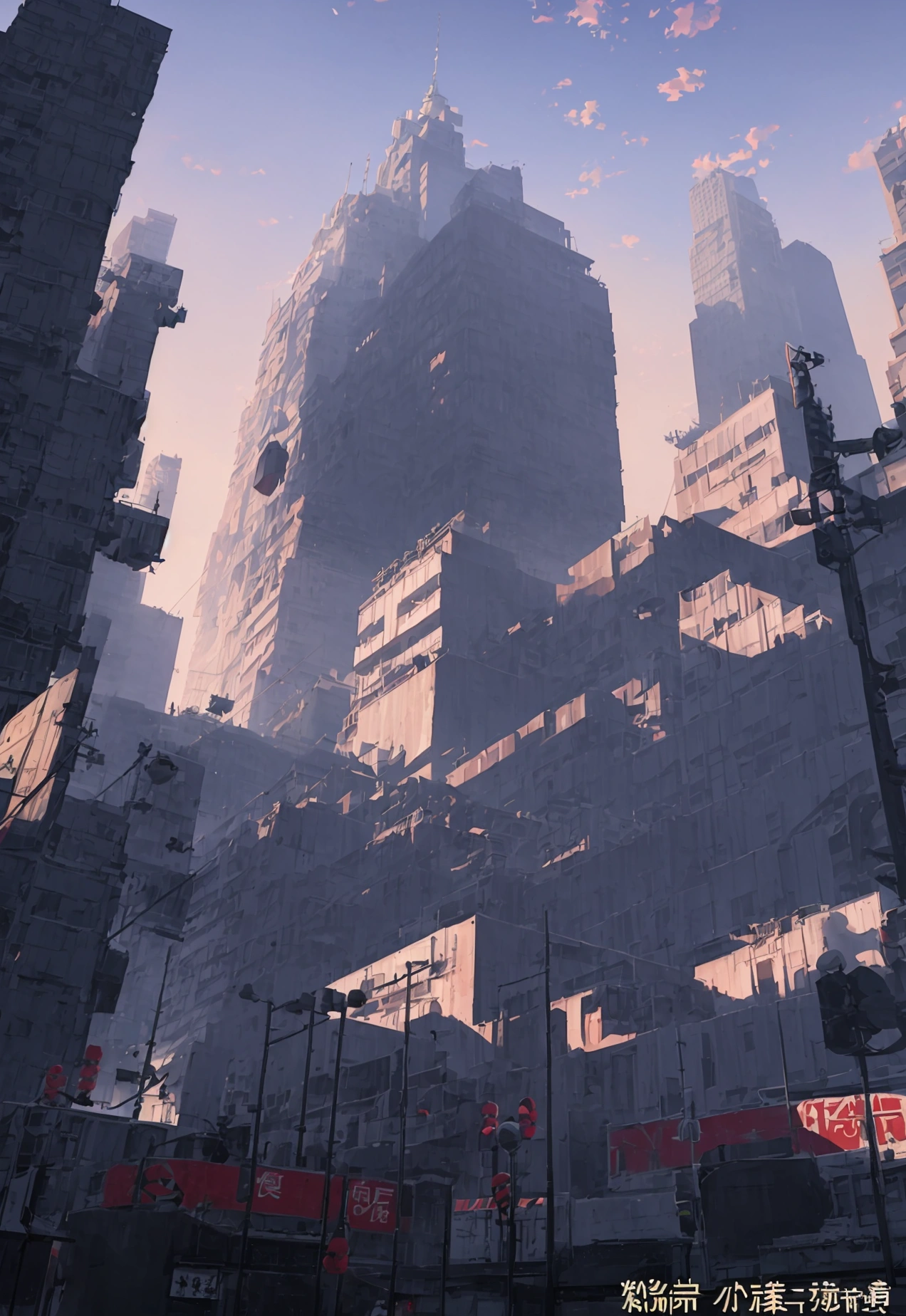Large wide angle, Looking up, daytime, Day scene,繁华的city View, atmosphere, number,, Dramatic Lighting. Concept Art, daytime, There was a fire. There were police cars, ambulances and cordons., Artwork in the background, city View,