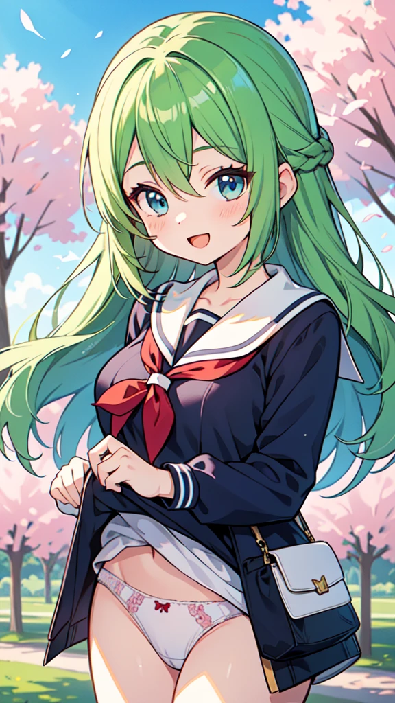 ((A Pretty High School girl with green hair and blue eyes)), ((wearing Sailor suit)), Baby face, ((master piece, top-quality, ultra-definition, high resolution)), anime girl, ((ultra-detailed illust:1.2)), only one person, bangs, hair between eye, beautiful hair, Beautiful eyes, Medium breasts, Big smile, opened mouth, cherry trees, schoolyard,no_pants, panties, white_panties