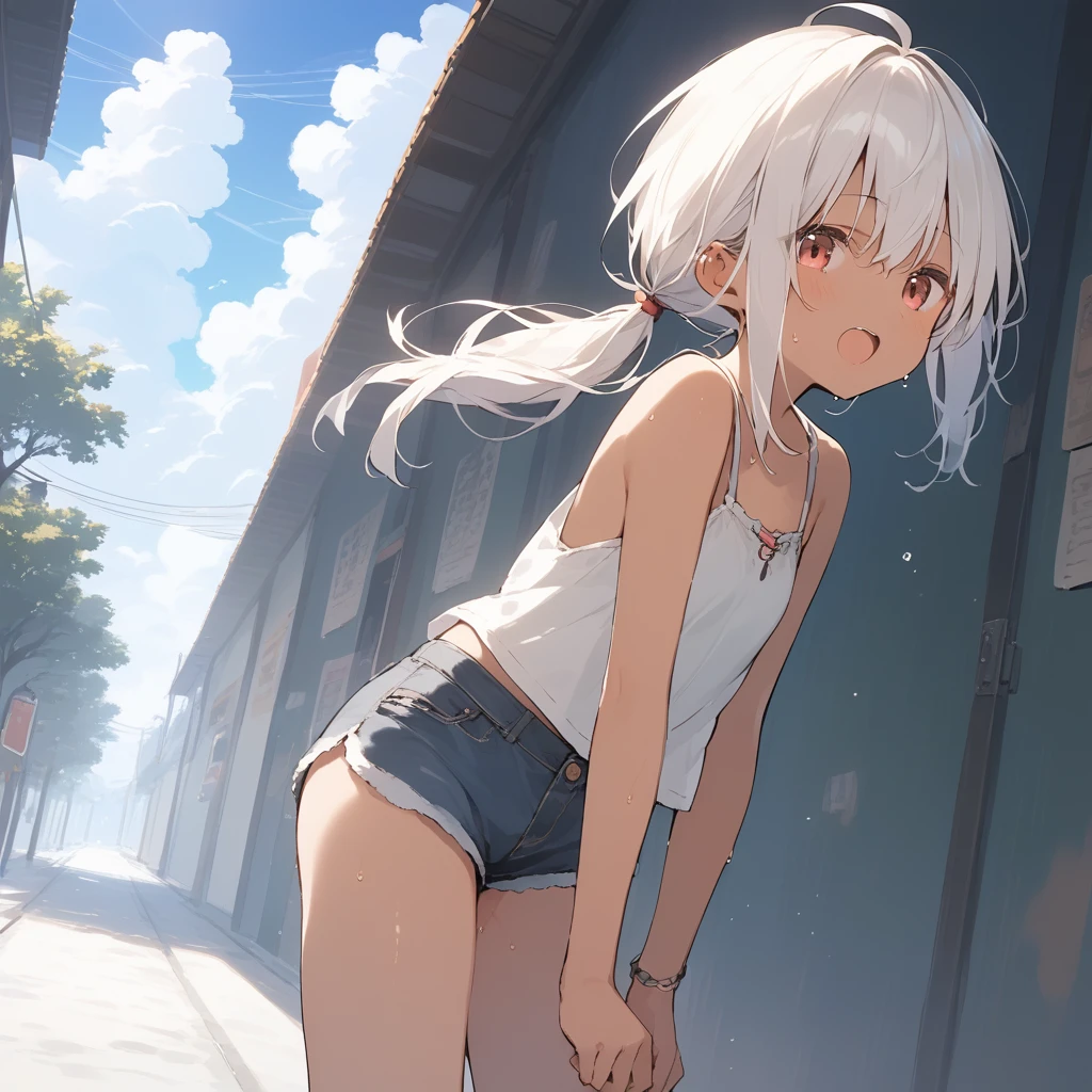 score_9, score_8_up, score_7_up, source_anime, best quality, masterpiece, official art, absurdres, highres, ultra-detailed,waifu2x,Collection: Slice of Life,break,1girl, tomboy, dark-skinned female, short hair, low ponytail, flat chest, beautiful detailed eyes, short shorts, sweat, open mouth, (yawn:0.3), sleepily, outdoors, wind, break,(clear line illustration:1.2),very high resolution, very aesthetic, super detailed skin, Best sexual lighting powered by famous artist, 8k,cute picture,beauty illustration,photoshop_(medium),,(Detailed Lighting),best anime 8k konachan wallpaper, pixiv contest winner,