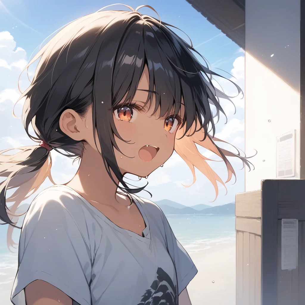 score_9, score_8_up, score_7_up, source_anime, best quality, masterpiece, official art, absurdres, highres, ultra-detailed,waifu2x,Collection: Slice of Life,break,1girl, tomboy, dark-skinned female, short hair, low ponytail, flat chest, beautiful detailed eyes, short shorts, sweat, open mouth, (yawn:0.3), sleepily, outdoors, wind, break,(clear line illustration:1.2),very high resolution, very aesthetic, super detailed skin, Best sexual lighting powered by famous artist, 8k,cute picture,beauty illustration,photoshop_(medium),,(Detailed Lighting),best anime 8k konachan wallpaper, pixiv contest winner,