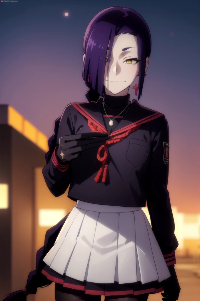 maganechikujouin, magane chikujouin, long hair, purple hair, braid, single braid, (hair over one eye:1.5), (yellow eyes:1.3), smile, grin,
BREAK skirt, thighhighs, gloves, jewelry, , earrings, serafuku, black gloves, black thighhighs, necklace, zettai ryouiki,
BREAK outdoor, city, night, sky, buildings, moon, clouds,
BREAK looking at viewer, (cowboy shot:1.5),
BREAK (masterpiece:1.2), best quality, high resolution, unity 8k wallpaper, (illustration:0.8), (beautiful detailed eyes:1.6), extremely detailed face, perfect lighting, extremely detailed CG, (perfect hands, perfect anatomy),