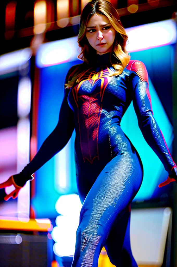 wearing a spideman costume, A stunning intricate full color photo of (sks woman:1), epic character composition, by ilya kuvshinov, alessio albi, nina masic, sharp focus, natural lighting, subsurface scattering, f2, 35mm, film grain, Melissa Benoist face, big breasts, showing thighs