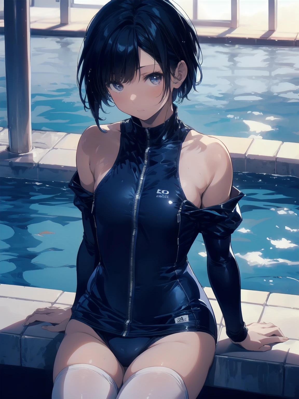 ultra-Top-quality by art God, ultra-detailed, high resolution, shinkai makoto style, anime moe artstyle, best anime 8k konachan wallpaper, pixiv contest winner, perfect anatomy, break,(Please draw a picture of a girl in a swimsuit sitting sleepily on a bench by the poolside alone.),break, a hyperrealistic school girl, (Solo,lolita, kid, 13-year-old:1.3),Full limbs, complete fingers, androgynous charm, (very short hair), wet hair, small breasts,slender body, Small butt, groin, Small black eyes,hanme,beautiful detailed eyes, well-proportioned iris and pupils, sleepy eyes, highres detailed hair, swimsuit, wet swimsuit, bare shoulders, thighs, in the school pool. break,super detailed skin, shiny skin, Best lighting powered by famous artist, 8k, illustration,UHD, textured skin,break,((artist:saiguchi_otoufu )), artist:clamp ,artist:carnelian ,artist:kantoku ,