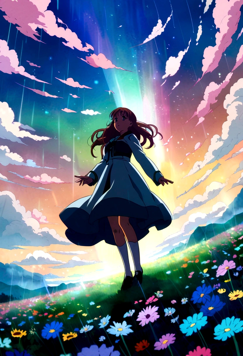 rainy meadow with expansive sky, anime style