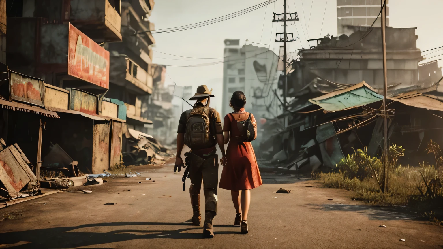 fallout, indonesia theme, post-apocalyptic, jakarta, nation, identic, vernacular, authentic, realistic, indonesia, fallout 4 style, a couple doing romantice date, detailed