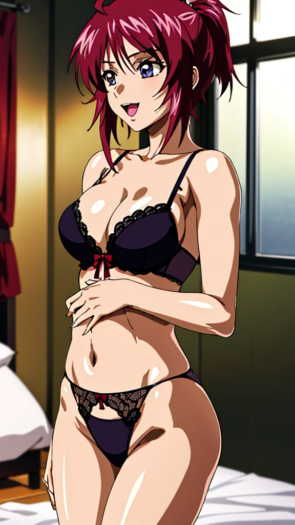(masterpiece, 4K, Highest quality, anime style: 1.9, Detailed face, Lovely, bold, High resolution, anime, alone, Curvaceous, Thighs, Cleavage, Center of chest, Very slim belly, Cowboy Shot, short hair, Ahoge, Redhead, Purple eyes, Purple Hair,1 Girl、smile,Open your mouth wide,Sexy Lingerie.indoor,Love Hotel,Thong
