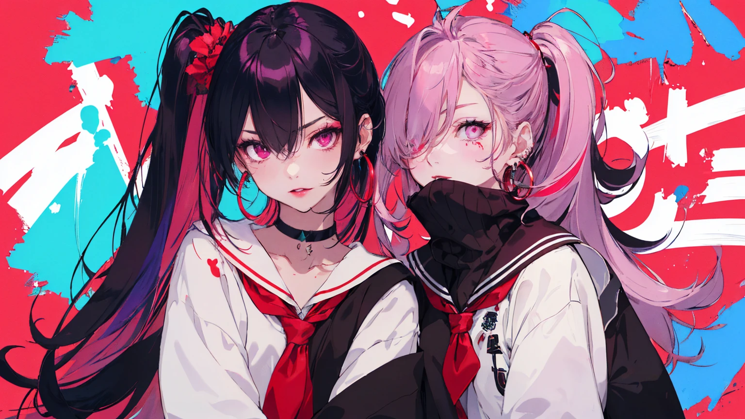 hair above one eye, Purple eyes, Clear Eyes, choker, Neon Shirt, torn legwear, open jacket、Blue pubic hair catches my eye,Bright red background、Red background, graffiti, Shineing grafiti, Shineing tattoos, Shine, Neon Light, Black light,Anime Style, movie portrait photography, 1 female, 22 years ago, Whole Body Ezbian,Big and ample breasts, anger, (Scarlet Hair), Long Hair, Purple eyes, wearing a short black dress, (Natural skin texture vivid details, Surreal, (Realistic eyes, Natural skin texture, Realistic facial details), Soft and dramatic lighting, Written boundary depth, Bokeh, vivid details, Surreal, 35mm movie, Absent-minded, movie,lipstick, ear piercing, eye shadow, Hoop Earrings, red pink lips, multicolored red eyes, Red background,Beautiful Eyes,Bold Pose、Strike a Pose,upper ponytail,drooping bangs,Droopy eyes、((school uniform))、high school girl