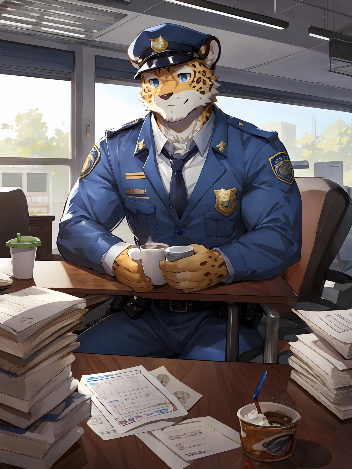 embedding:Leopard,Pale blue eyes,Single Person,Male,Chief of police,Wearing a police uniform,Wearing a police cap,At the police station,modern,Eat a doughnut.Sitting in the office,There are papers and coffee cup on the table.Ray tracing,muscle,uncle,Maturity,Best quality hands, best quality eye,detailed fur,Delicate eyes.Extreme picture quality,by sollyz,by zixiong,by milkytiger1145