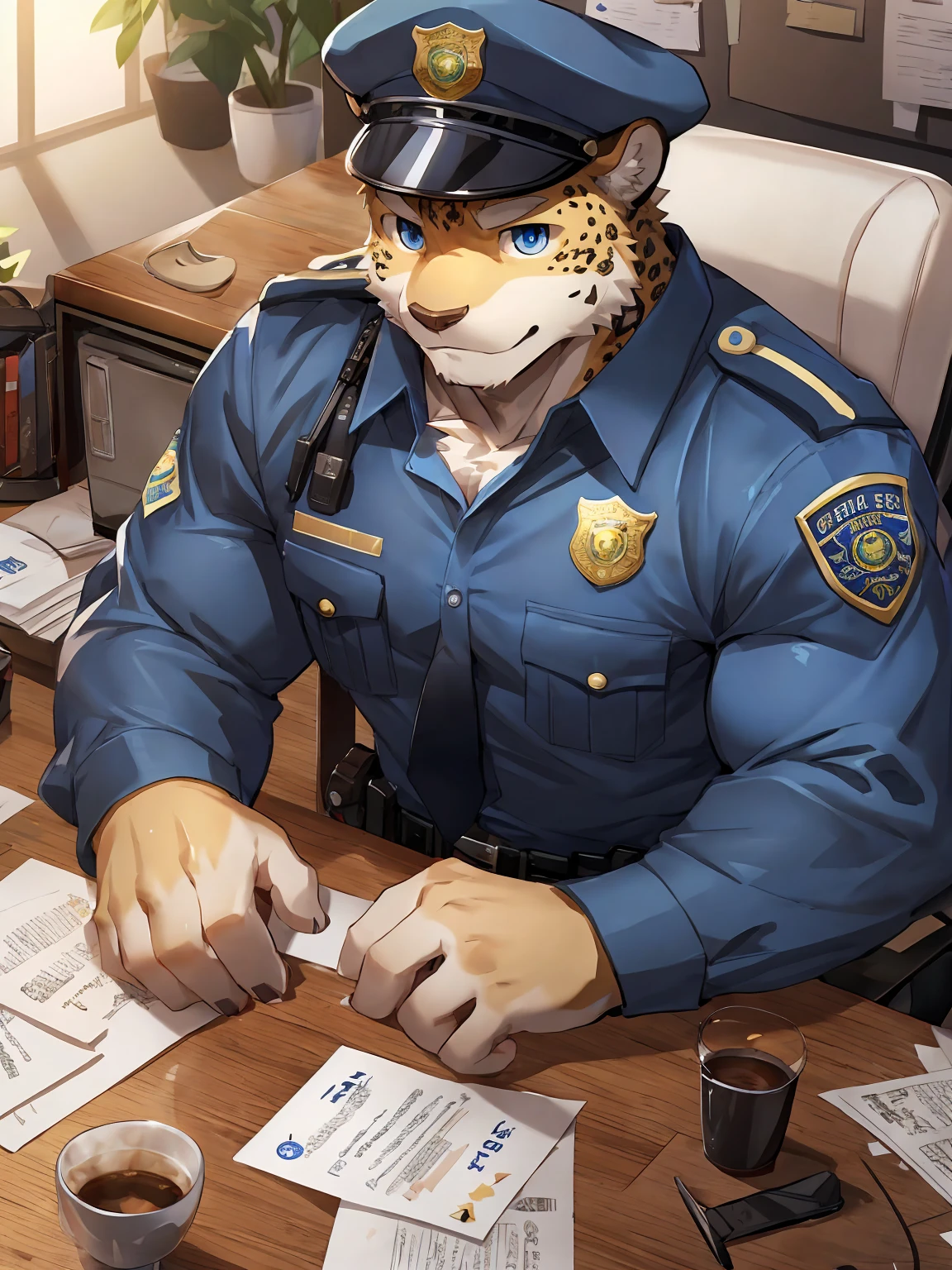 embedding：Leopard,Pale blue eyes,Single Person,Male,Chief of police,Wearing a police uniform,Wearing a police cap,At the police station，modern，Eat a doughnut.Sitting in the office,There are papers and coffee cup on the table.Ray tracing,muscle，uncle,Maturity,Best quality hands, best quality eye，detailed fur，Delicate eyes.Extreme picture quality，by sollyz,by zixiong,by milkytiger1145