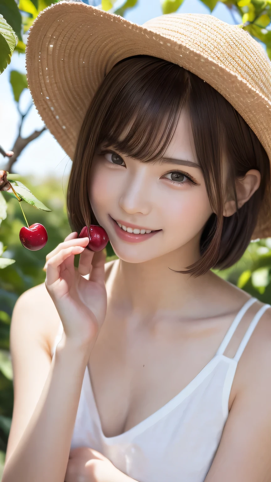 closeup shot , Best picture quality (8K, high resolution, Masterpiece: 1.2), super detailed, 215 Short Hair, 16-year-old woman,
situation: In the shade of the orchard、A scene of customers tasting freshly picked cherries on the spot。
clothing: Casual summer clothes、sunglasses、hat。
angle:
Close-up: The moment when the customer puts the cherry in their mouth、A detailed depiction of a person enjoying cherries。
Detailed depiction: The coolness of the shade、With the surrounding orchards as a backdrop、Emphasizing relaxation time in nature。
, Close-up of face
, random cute pose ,big eyes ,Puffy eyes , Heart Pupil, blush , huge shy smile , salute