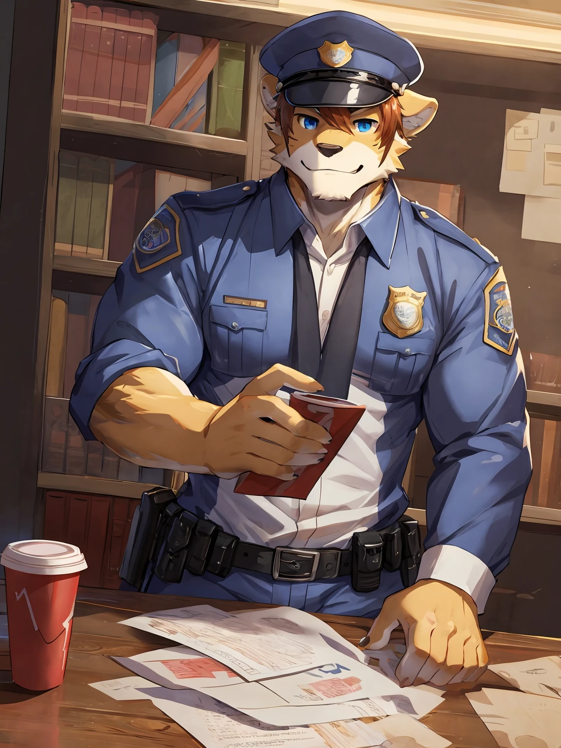 embedding:Leopard,Pale blue eyes,Single Person,Male,Chief of police,Wearing a police uniform,Wearing a police cap,At the police station,modern,Eat a doughnut.Sitting in the office,There are papers and coffee cup on the table.Ray tracing,muscle,Maturity,Best quality hands, best quality eye,detailed fur,Delicate eyes.Extreme picture quality,by sollyz,by zixiong,by milkytiger1145