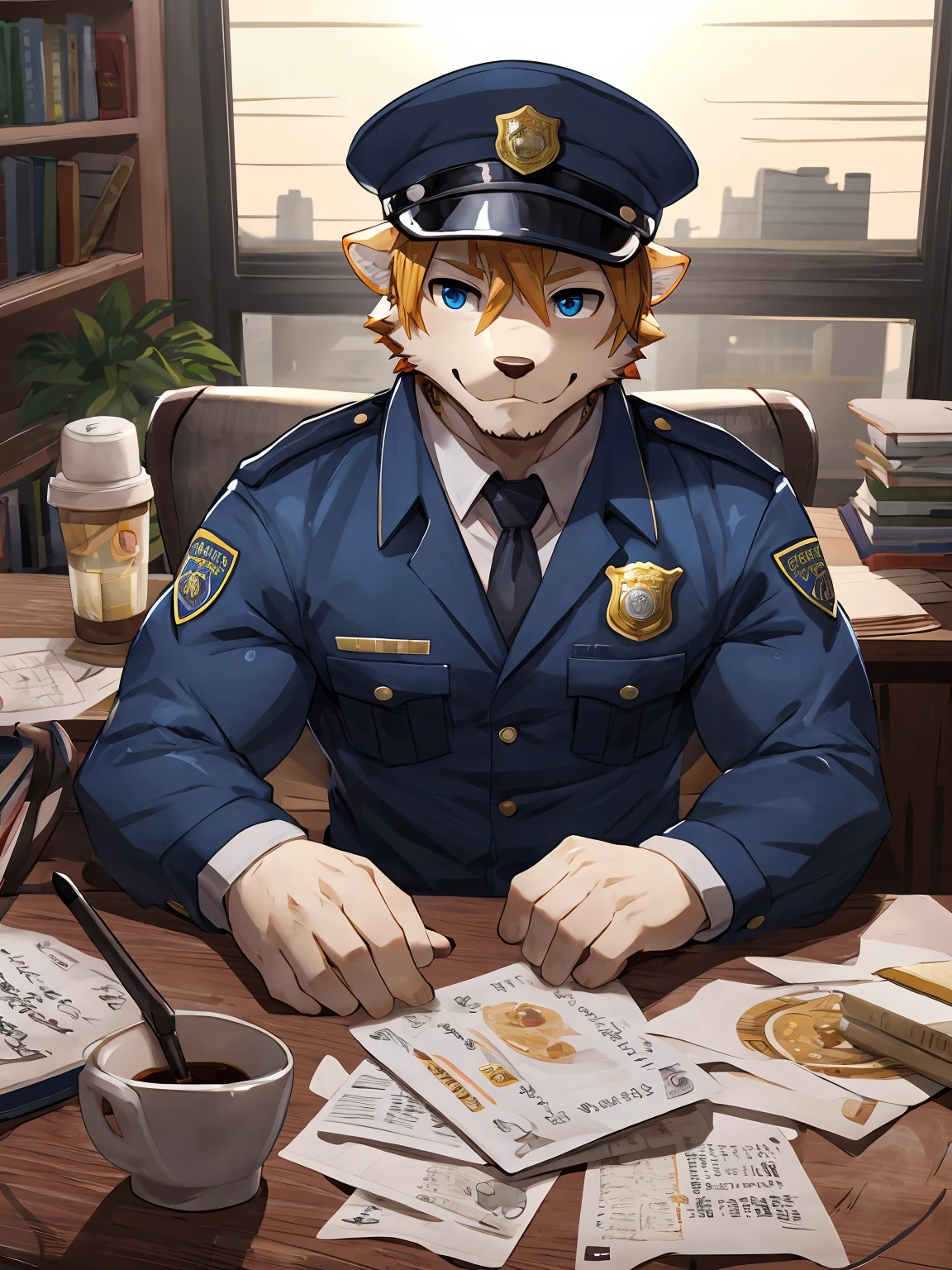 embedding：Leopard,Pale blue eyes,Single Person,Male,Chief of police,Wearing a police uniform,Wearing a police cap,At the police station，modern，Eat a doughnut.Sitting in the office,There are papers and coffee cup on the table.Ray tracing,muscle，Maturity,Best quality hands, best quality eye，detailed fur，Delicate eyes.Extreme picture quality，by sollyz,by zixiong,by milkytiger1145