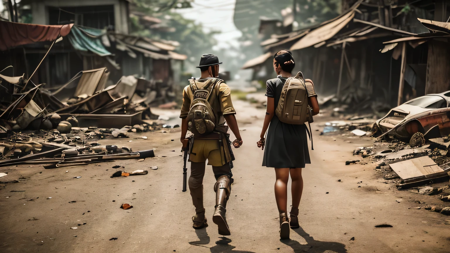 fallout, indonesia theme, post-apocalyptic, jakarta, nation, identic, vernacular, authentic, realistic, indonesia, fallout 4 style, a couple doing romantice date, detailed