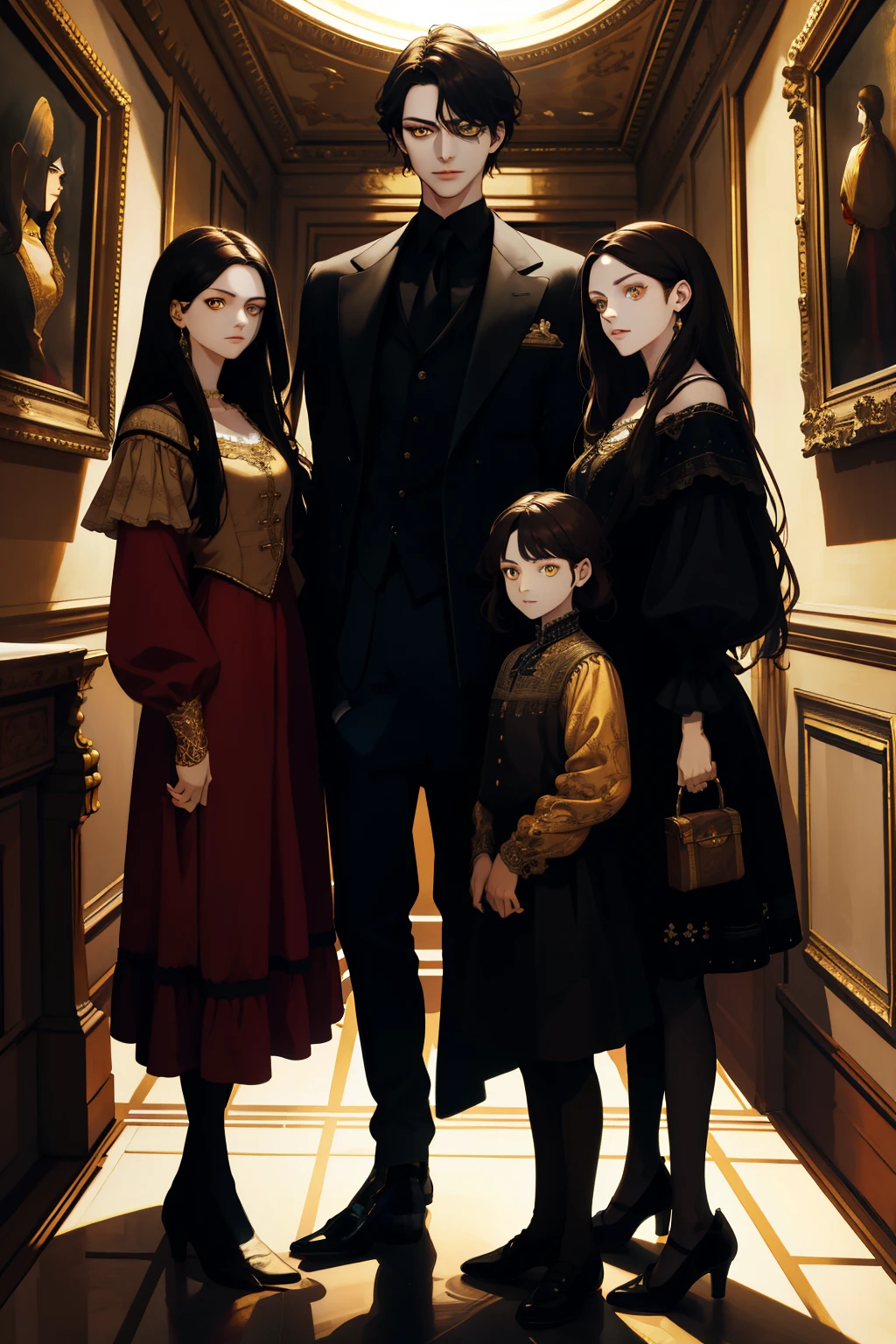 A highly detailed, absurd portrait of a family, a painting on the wall, 1girl with long dark hair and golden eyes standing beside another girl, 3people standing together, extremely detailed faces, intricate clothing, dramatic lighting, vibrant colors, photorealistic, masterpiece, renaissance style, dramatic composition, chiaroscuro lighting, oil painting
