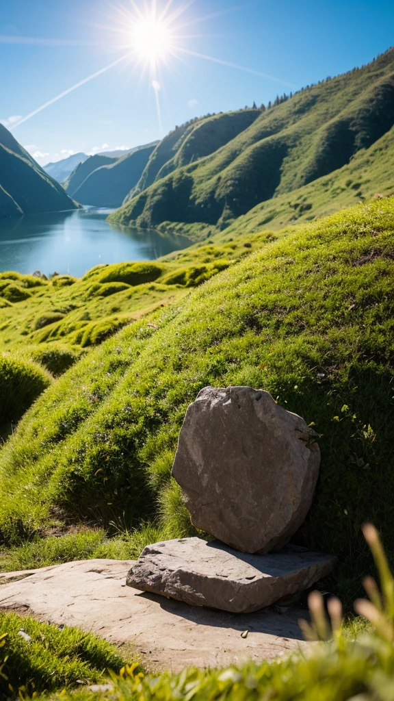 moss\(style\),(blue sky),clouble,sunlight,no humans,scenery,water,stone,tree-root carving,inverted image,day,moss,