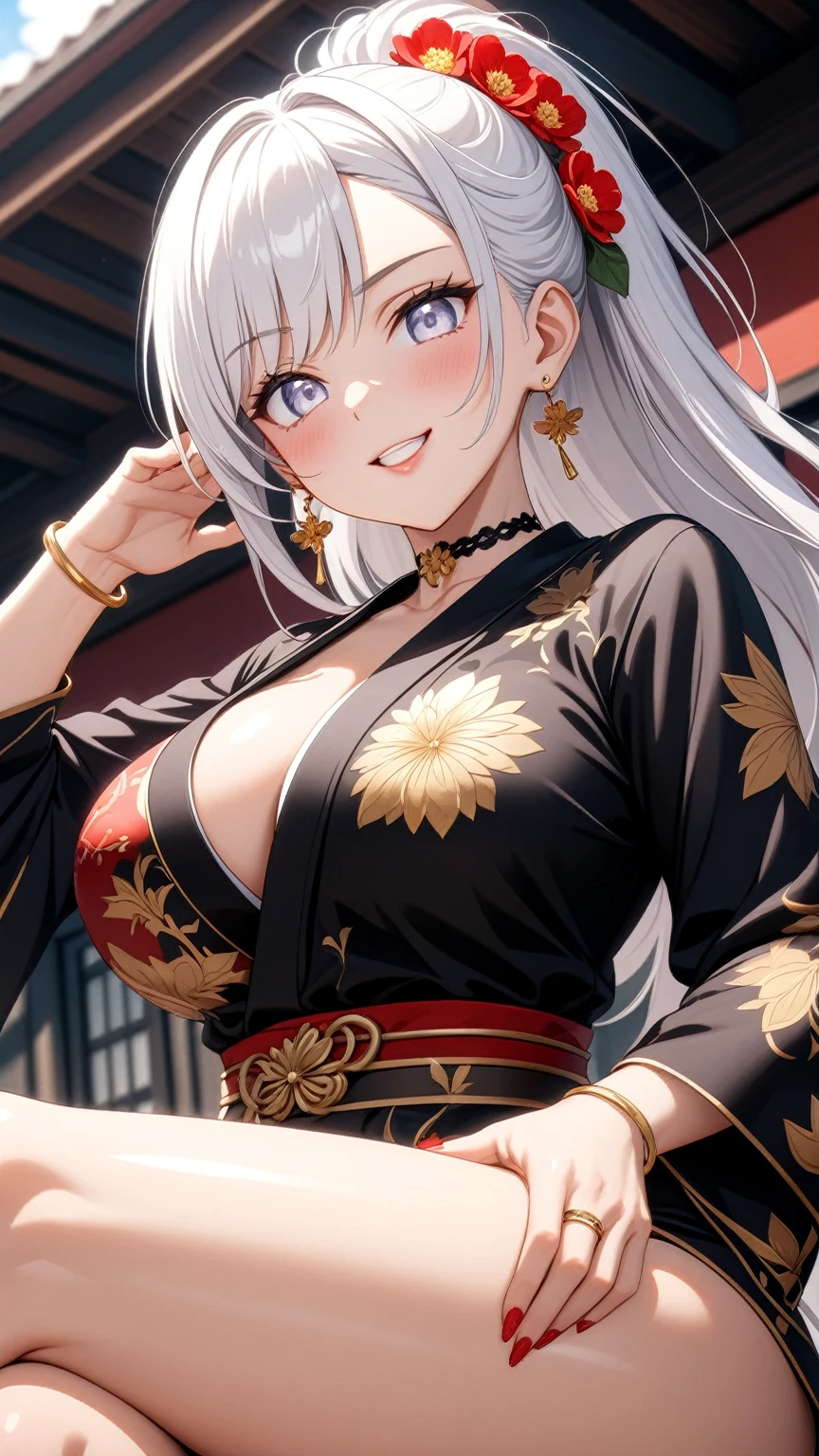 ((One personの女性)), Beautiful Face, (Laughing embarrassedly), (naughty face:1.1),((Wink:1.7)), (head tilt:1.3), teeth,Laugh with your mouth wide open,((Bright red cheeks:1.4)), ((foot focus)), Glossy red lips, ((crossed legs:1.4)), ((panty shot)), (Shining Face), Touching hair with hands,looking at viewer, Rooftop terrace, firework,Lighting on the face, ((Anime style background)),masterpiece, Highest quality, so beautiful,up to date, Complex details, (Pink long nails),(ring),(bracelet),(Floral choker),AI-generated, Complex,High resolution, Highest quality, super high quality,3D Images、3D Images,One person,Long white hair,High Ponytail, Anime woman posing for a photo,(blue eyes), ((Fine grain、Silvery white eyes、Shining Eyes:1.3)), (Squint your eyes:1.1),a hyperRealistic , hyperRealistic , Realistic,Anime woman with long white hair, Smooth anime CG art, A woman in a colorful kimono with gold embroidery, (Black long sleeve kimono),Red floral pattern,Long flower hair ornament,Earrings,Mature Body,(Big Breasts:1.1),Tall,Abdominal muscles,Tight waist, (Zoom up to face:1.1), ((from side and slightly from below)),