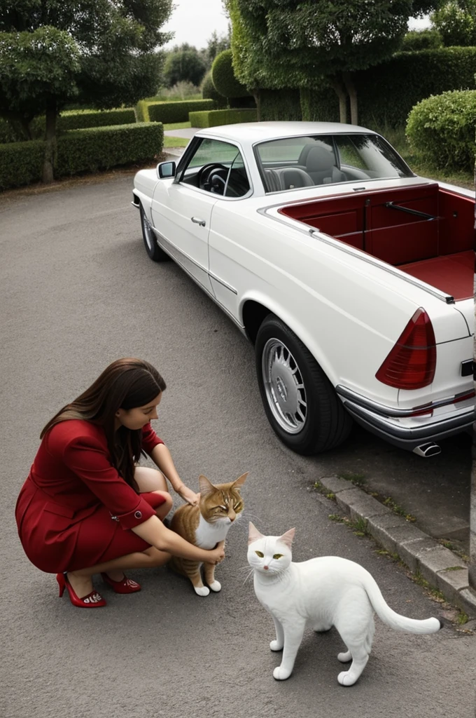 Un lezars et un chat blanc sur une Mercedes rouge