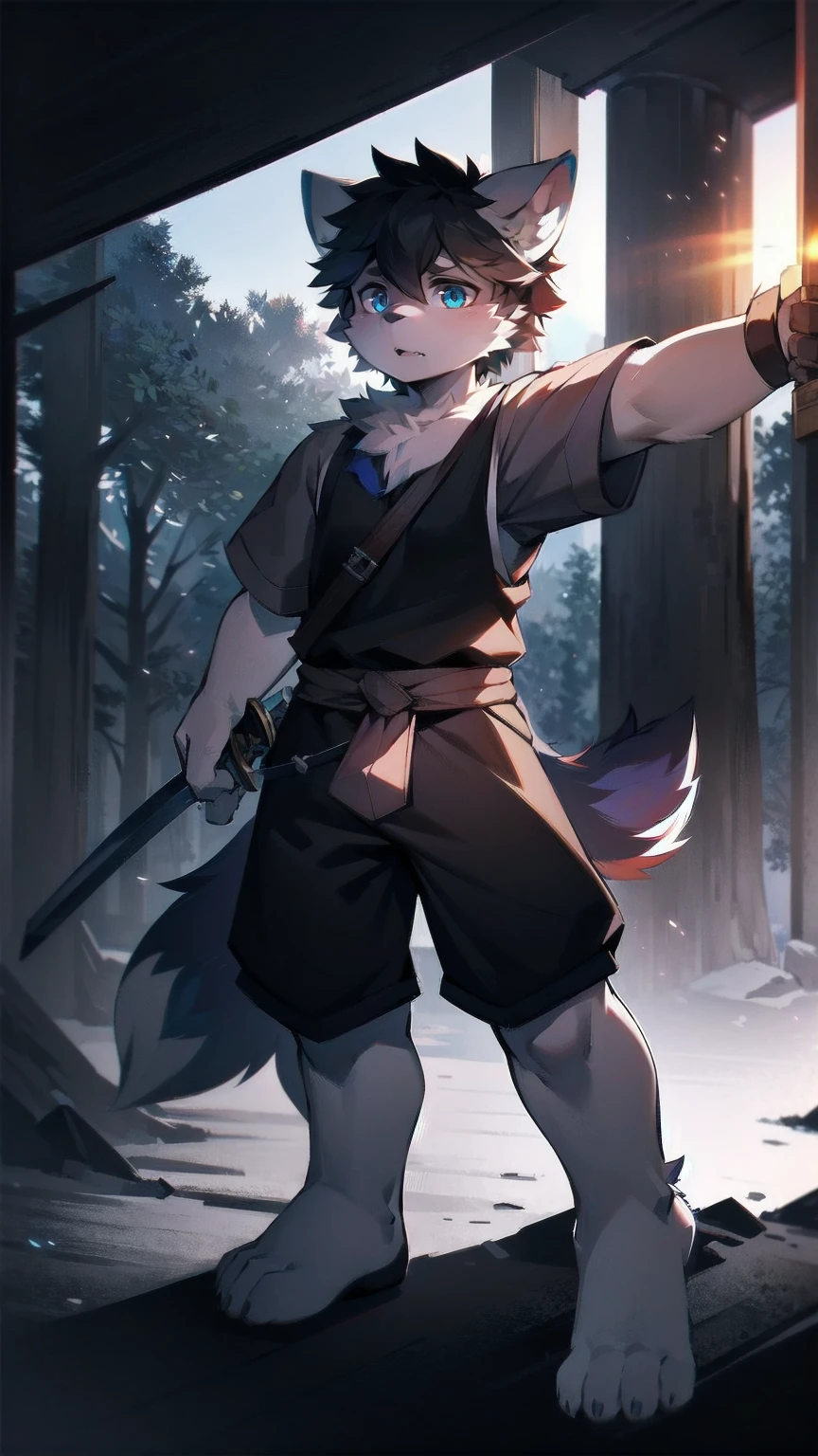 White Wolf,black hair,Sky blue eyes,hairy,Wolf ears,Wolf tail,Full body portrait,The character is in the center of the frame,Handsome,Confident eyes,male,juvenile,Black and white combat uniform,Red neck bib,Black shorts,Short sleeve,hairy arms and legs,Dark background,Dark battlefield,dawn,sunrise,dawn,illumination,shadow,Swordsman,Scabbard and sword,Hold the hilt of a sword in your hand,The scabbard is at the waist,Highest quality
